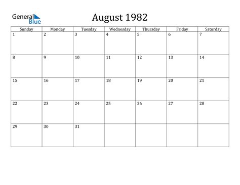 August 1982 Calendar Pdf Word Excel