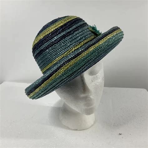 Vintage 60s Blue Striped Womens Straw Boater Upturned Brim Garden Hat