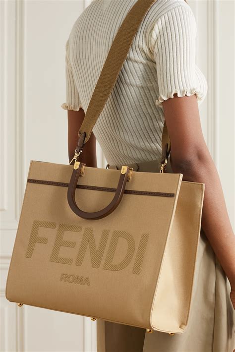 Fendi Sunshine Medium Leather Trimmed Embroidered Canvas Tote Net A