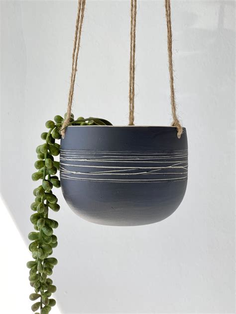 Handmade Ceramic Hanging Planter Black Pottery Hanging Plant Etsy