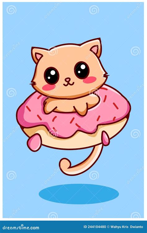 Cute And Funny Little Cat On Donuts Animal Cartoon Illustration Stock