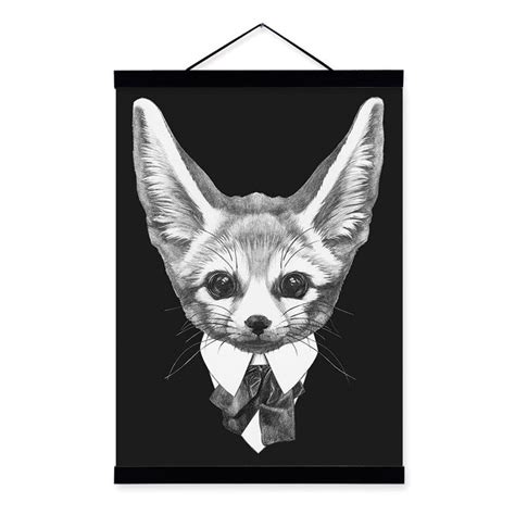 Modern Vintage Abstract Black White Mafia Animals Deer Fox Framed Canv