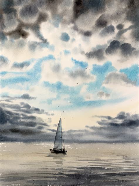 Yacht And Clouds Painting Watercolor Original Art Seascape Blue Sky