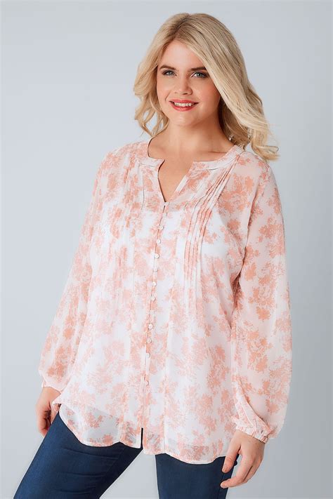 ivory and blush pink floral print chiffon blouse plus size 16 to 36