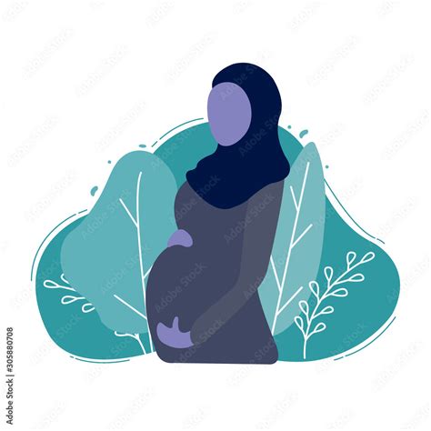 Muslim Pregnant Woman Wearing Abaya And Blue Hijab Modern Flat Style Vector Illustration