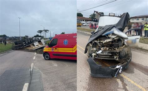 Caminh O Tomba E Carga Atinge Ve Culo Na Br Trevo De Monte Castelo