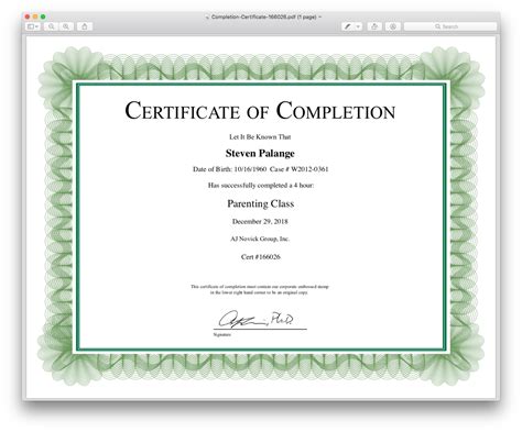 Printable Parenting Class Certificate Of Completion Template Free