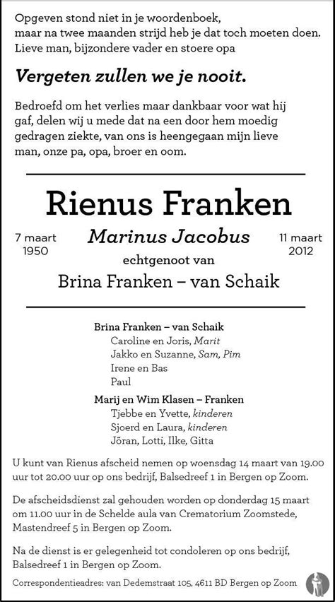 Marinus Jacobus Rienus Franken 11 03 2012 Overlijdensbericht En