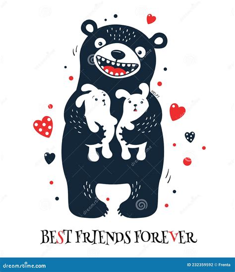 Best Friends Forever Funny Crazy Bear Hugging Frightened Rabbits Stock