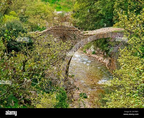 Traditional Arch Stone Bridge Above Neda River In Peloponnese Greece