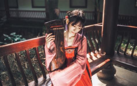 Wallpaper Hanfu Chinese Dress Chinese Zither Asian Women Red