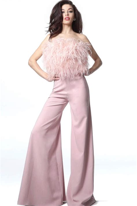 jovani 1542 feathered strapless jumpsuit couture candy