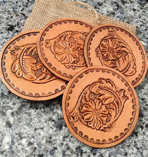 Leather Hand Tooled Coasters Etsy Leather Craft Projects Leather
