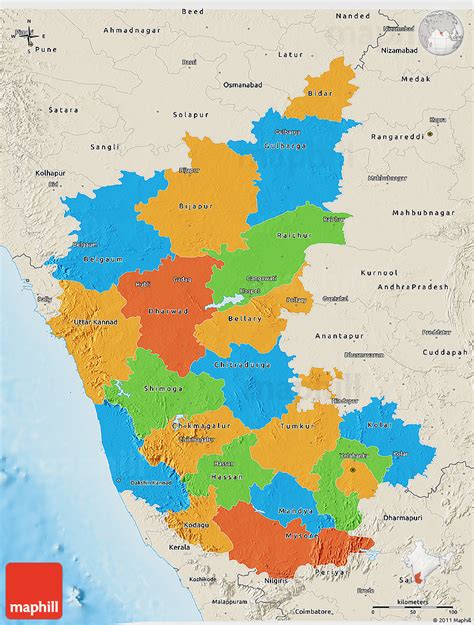 The map shows a map of karnataka with borders, cities and towns, expressways, main roads and streets, and the location of bengaluru international. Political 3D Map of Karnataka, shaded relief outside
