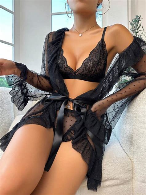 Shein Floral Lace Lingerie Set With Belted Robe Shein Usa