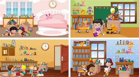 cztery sceny z dziećmi bawiącymi się w różnych pokojach premium wektor