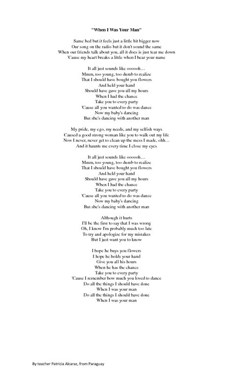 Song Worksheet: When I Was Your Man by Bruno Mars
