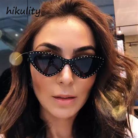 metal rhinestone cat eye sunglasses women 2018 brand designer gold diamond ladies black sun