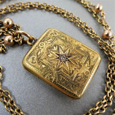 Beryl Lane Antique Ct Gold Engraved Diamond Set Rectangle Locket Necklace
