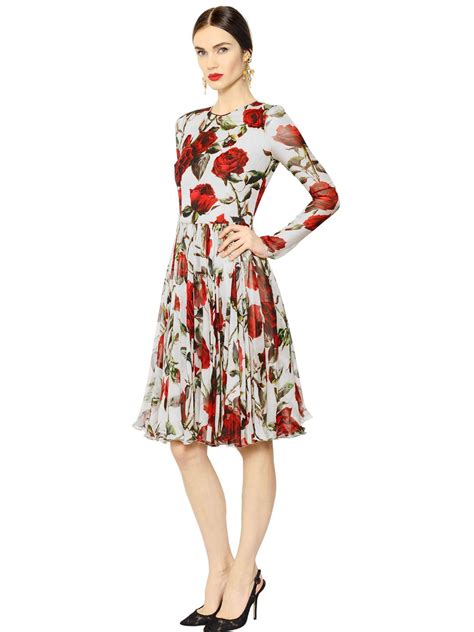 Dolce And Gabbana Womens Rose Printed Silk Chiffon Dress Silk Chiffon