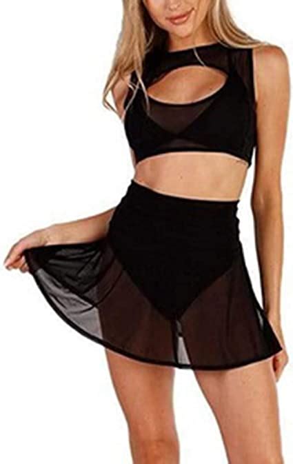 Women Sheer See Through Cover Ups Skirthigh Waist Solid Colorswimsuit