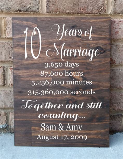 This personalized anniversary gift for parents is always a useful item. 10 Years of Marriage Hand Painted Wood Sign, 10th ...