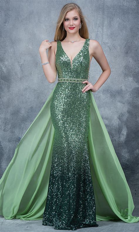 Sequin Open V Back Prom Dress With A Train