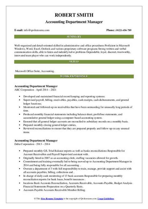 Accounting Department Manager Resume Samples Qwikresume