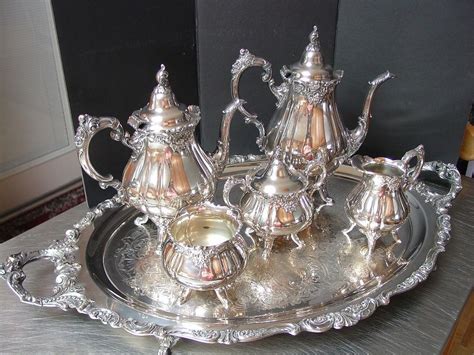 Wallace Baroque Silver 6 Pc Tea Coffee Service With Tray Footed Silver