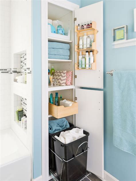 A beautifully organized bathroom linen closet via kelley nan uses the door for some amazing extra storage, and baskets keep smaller items neatly grouped on the wire shelving. Bathroom Linen Closet | Houzz