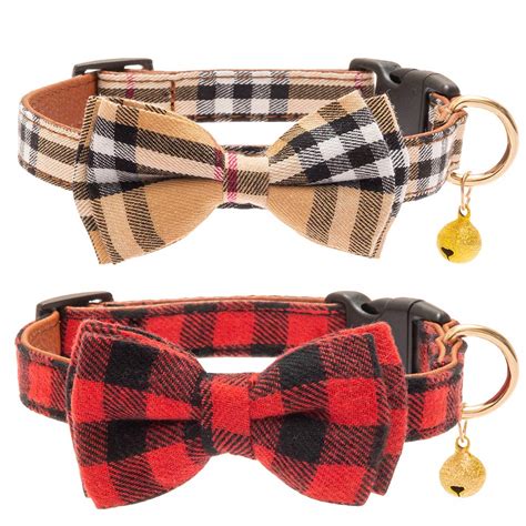 Cherpet Plaid Dog Collar With Bell Bow Tie Cute Safety Adjustable