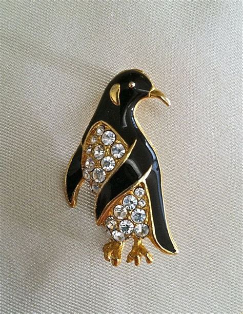 vintage gold metal black enamel and rhinestone penguin brooch pin penguin vintagebrooch