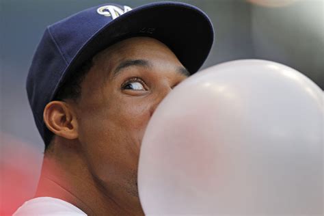Milwaukee Brewers Carlos Gomez Blows Blowing Bubble Gum Bubbles