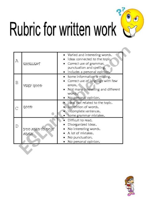 English Worksheets Rubric For Written Work
