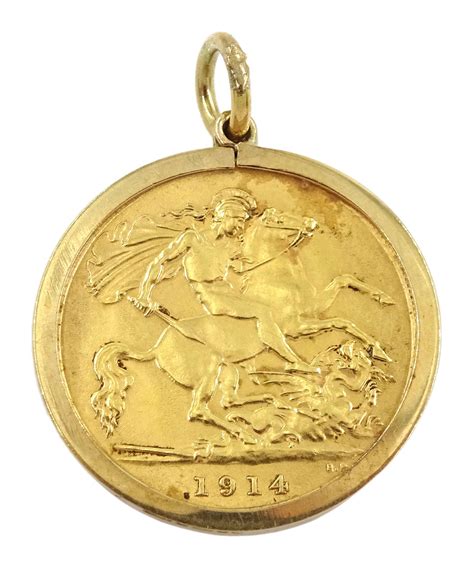 George V 1914 Gold Half Sovereign Loose Mounted In 9ct Gold Pendant