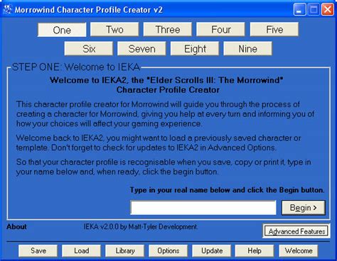 Main Screen Of The Morrowind Character Profile Creator Plan Construct
