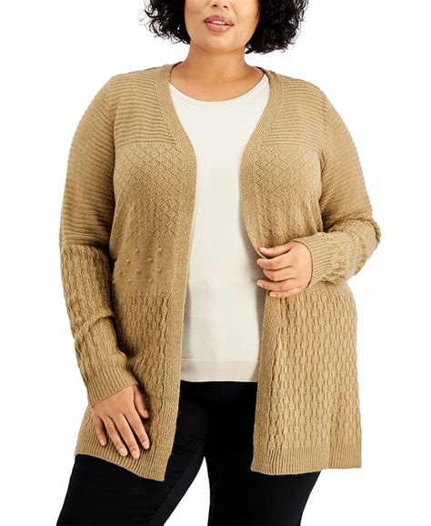 Karen Scott Plus Size Turbo Mixed Stitch Cardigan Created For Macys