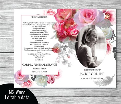 Funeral Program Template Printable Pink Grey Roses Et