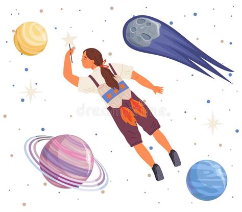 Astronaut Woman With Jet Backpack Flying Among Planets Lady Dressed As