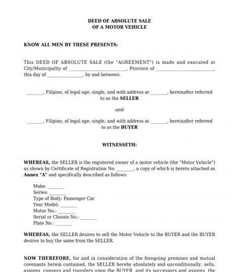 Deed Of Absolute Sale Of A Motor Vehicle Template