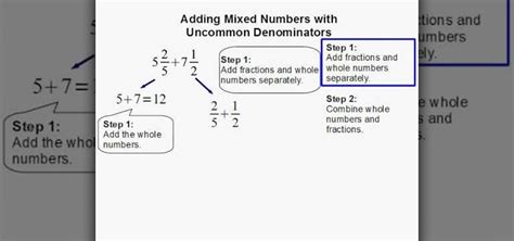 The following video shows more examples of adding fractions with uncommon or unlike denominators. How to Add mixed numbers with uncommon denominators « Math