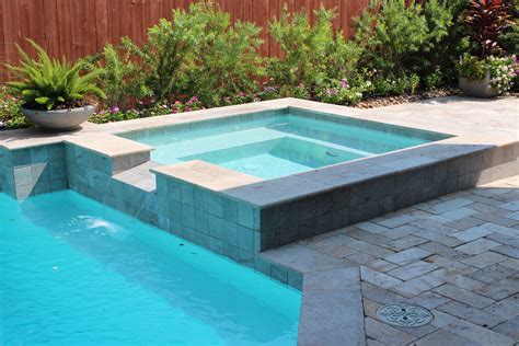 Swimming Pool Square Spa With Tile Spillover Travertine Deck With