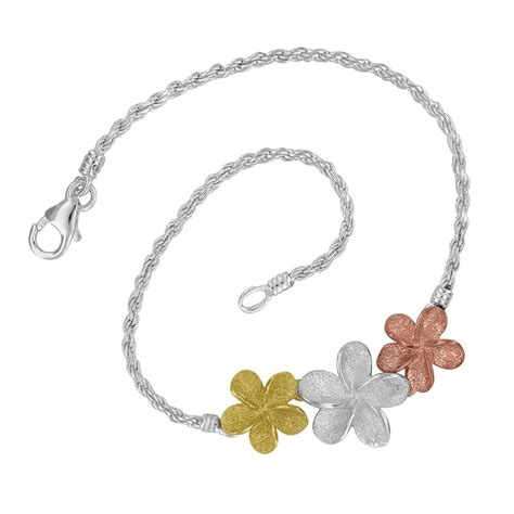 sterling silver with 14kt yellow and rose gold plated three plumeria r silver rose gold