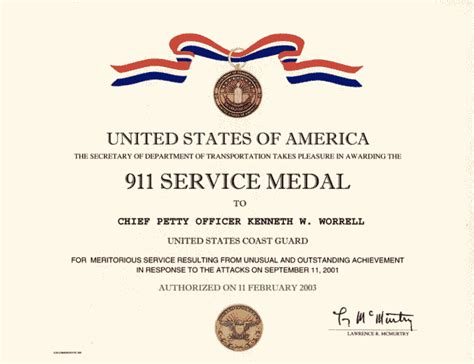 911 Service Medal Certificate