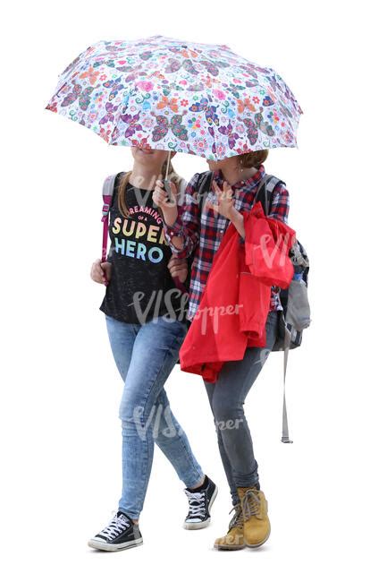 Two Cut Out Teenage Girls With An Umbrella Walking And Talking Vishopper