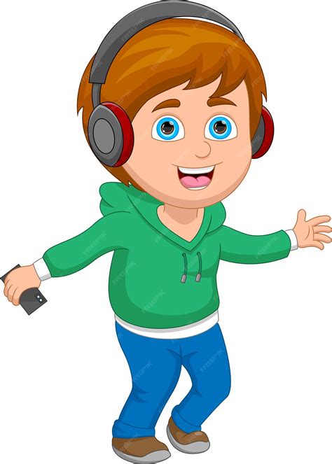 Niño Escuchando Música Con Auriculares Vector Premium