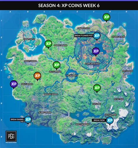 Fortnite season 9 launched on may 9th, bringing big changes to the game and a new battle pass with more than 100 unlockable items. Fortnite Season 4 XP Coins Locations - Maps for All Weeks ...