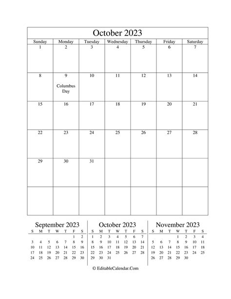 Download October 2023 Editable Calendar Portrait Word Version