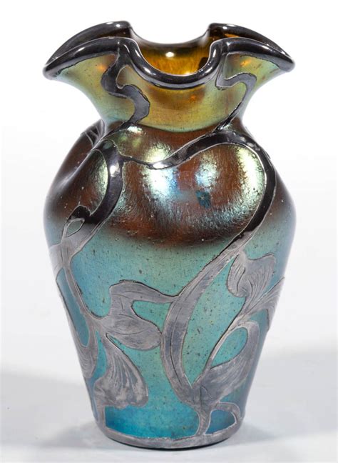 Loetz Attributed Iridescent Art Glass Silver Overlay Vase
