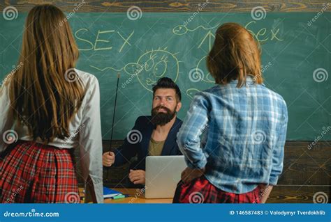Education And Sex Symbols On Chalkboard Lesson And Sex Education In High School Stock Image